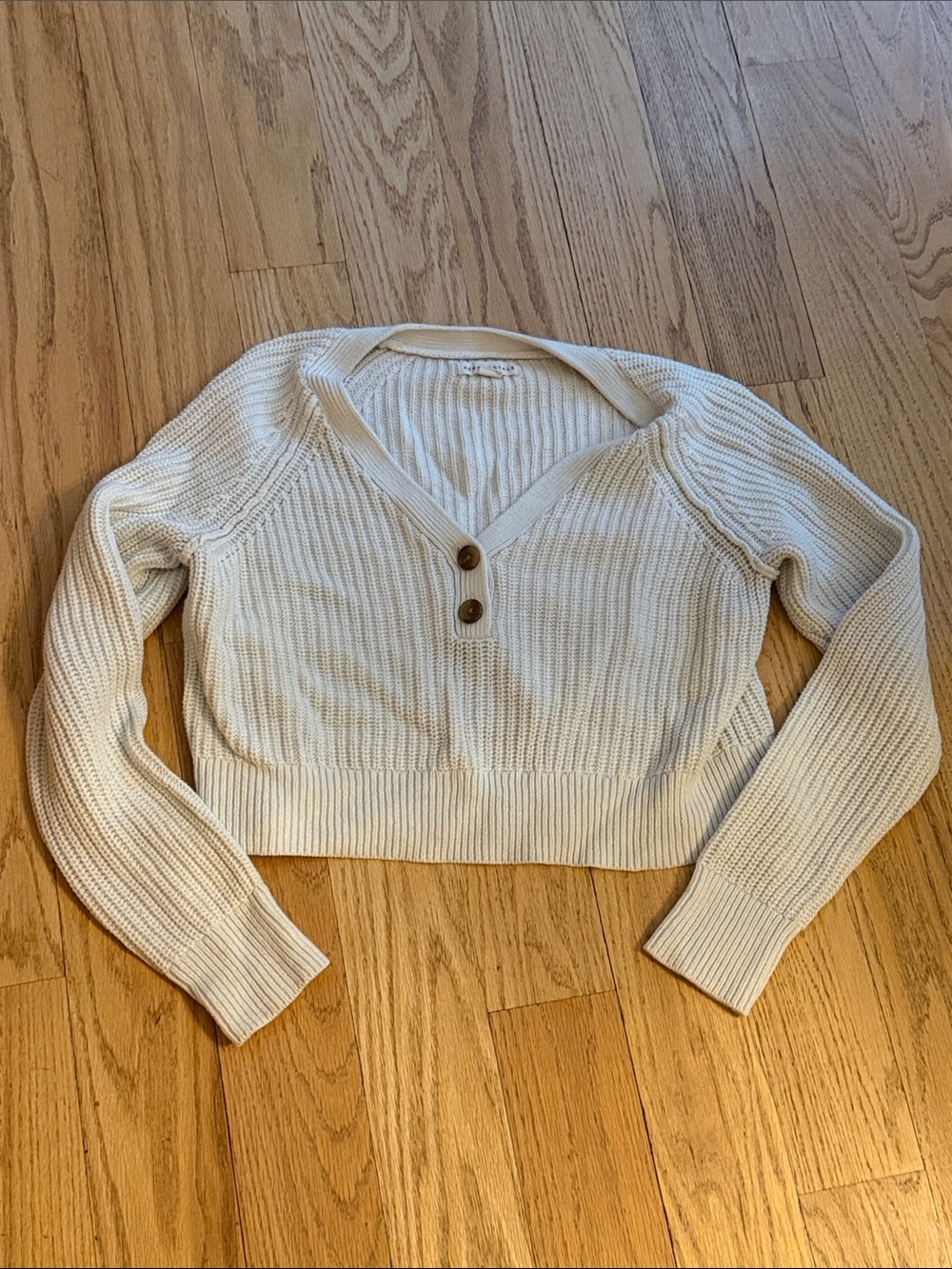 Aeropostale Cream Ribbed V-Neck Buttoned Cropped Sweater